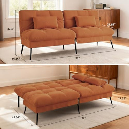 COMHOMA 72″ Convertible Futon Sofa Bed, Adjustable Backrest, Orange | Breathable Fabric Futon Couch with Pillows,Multi-angle Ergonomic Reclining,Space-saving Sleeper Sofa for Living Room - color: Orange