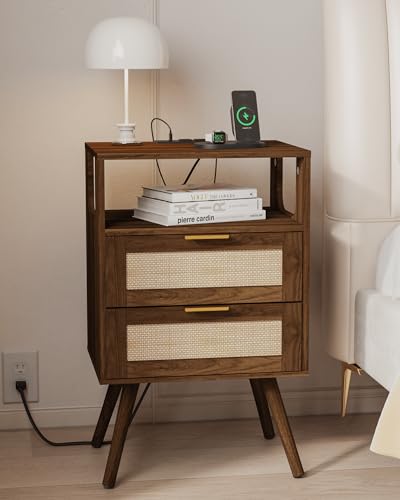 Rattan Nightstand with Charging Station,Farmhouse Bedside Table with 2 Storage Drawer and Open Wood Shelf, for Bedroom and Small Spaces,Night Stand with Solid Wood Legs (Walnut Brown-Outlet) - color: Walnut Brown-outlet