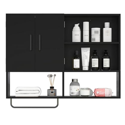 Bathroom Wall Cabinet with Towel Bar & 2 Doors, Black - color: Black