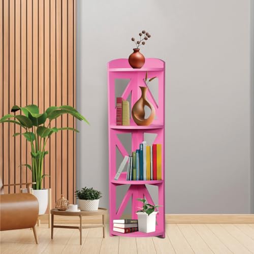 Corner Shelf Stand, Corner Bookshelf, Small Corner Shelves by Natural Wood, Plant Stand, Corner Bookcase for Living Room, Home Office, Bedroom, (Pink, 4 Tier) - color: Pink, size: 4 Tier