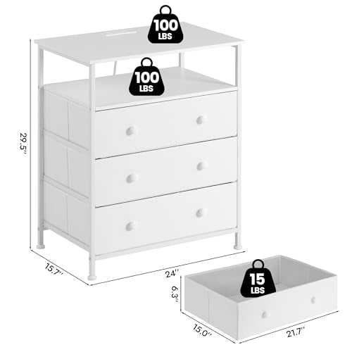 3-Drawer LED Nightstand with Charging Station, White | Engineered Wood and Steel, 2 AC and 2 USB ports, 24 Inch Wide, RGB App Control, Fabric Drawers, Open Storage Shelf - color: White