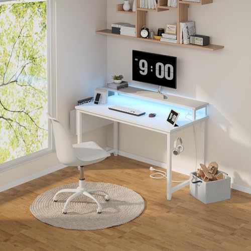 Lufeiya White Computer Desk with LED Lights and Power Outlets, 40 Inch Home Office Desks with Monitor Stand, Teen Writing Study Table Gaming Desk with Charging Station, White - color: White, size: 39.4"