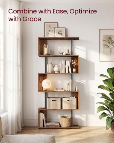 VASAGLE 6-Tier Bookshelf, S-Shaped Wood and Metal Bookcase, Tall Narrow Display Shelf, 23.6 x 9.4 x 62.6 in, for Living Room Storage, Rustic Brown and Matte Black, Barnet Collection ULLS182KD01 - color: Rustic Brown, style: 6-Tier (23.6"W)