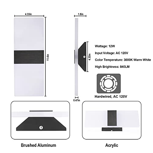 TRLIFE Dimmable LED Wall Sconces, Modern Wall Sconces Set of 2 Wall Mounted Lights 12W 3000K Warm White Hardwired Wall Sconce Lighting for Bedroom Bedside Bathroom Living Room Stairway(2 Pack, Black) - color: Warm White, size: Black Brushed Aluminum