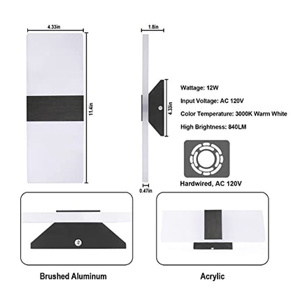 TRLIFE Dimmable LED Wall Sconces, Modern Wall Sconces Set of 2 Wall Mounted Lights 12W 3000K Warm White Hardwired Wall Sconce Lighting for Bedroom Bedside Bathroom Living Room Stairway(2 Pack, Black) - color: Warm White, size: Black Brushed Aluminum