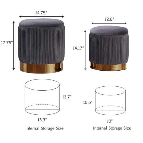 YYW HOME Gray Round Ottoman with Storage Set of 2 | Large storage capacity, Removable Lid, Used for Vanity Stoo,l Assemble Free, Nesting Packing - color: Grey