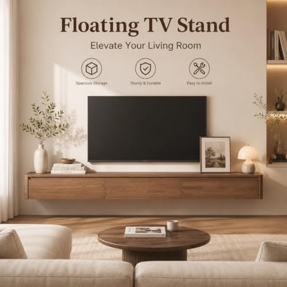 67.32" Floating TV Stand for TVs Up to 80", Walnut | Wall-Mounted Farmhouse Media Console with 3 Storage Drawers, Ideal for Living Room or Bedroom