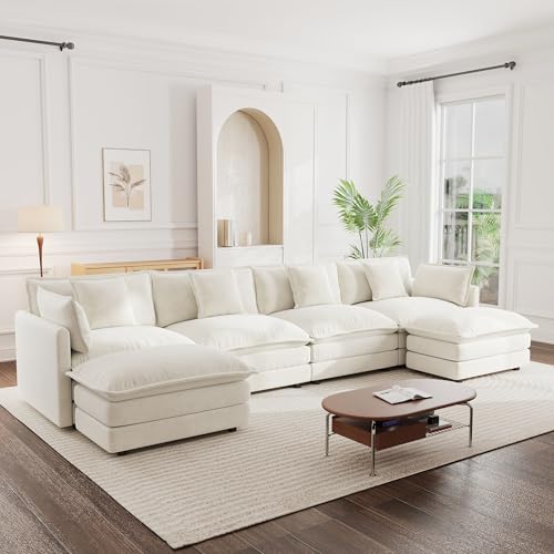 Modular Sectional Sofa, 146.5 Inch U Shaped Couch Set for Living Room, 4-Seater Comfy Cloud Couches with Two Movable Ottoman, DIY Combination, Chenille, Beige - color: Beige, size: 146.5 Inch- U