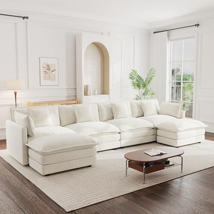 Modular Sectional Sofa, 146.5 Inch U Shaped Couch Set for Living Room, 4-Seater Comfy Cloud Couches with Two Movable Ottoman, DIY Combination, Chenille, Beige - color: Beige, size: 146.5 Inch- U