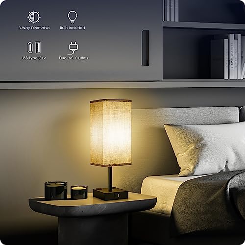 Bedside Table Lamp for Bedroom - Touch Small Lamp with USB C+A Charging Ports & AC Outlets, 3 Way Dimmable Nightstand Light for Living Room (LED Bulb Included, Grey) - color: Gray
