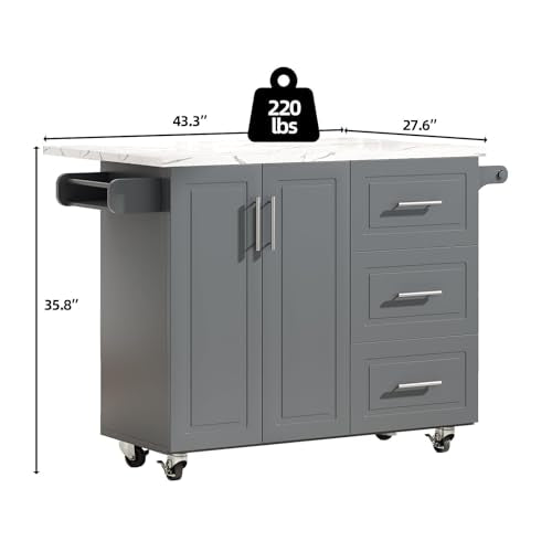 4 EVER WINNER 43" Kitchen Island with Drop Leaf, Rolling Kitchen Island | Modern Design, 4 Wheels, 3 Storage Drawers, Adjustable Shelf, Spice Rack & Towel Rack, Faux Marble Tabletop, Grey - style: Gray