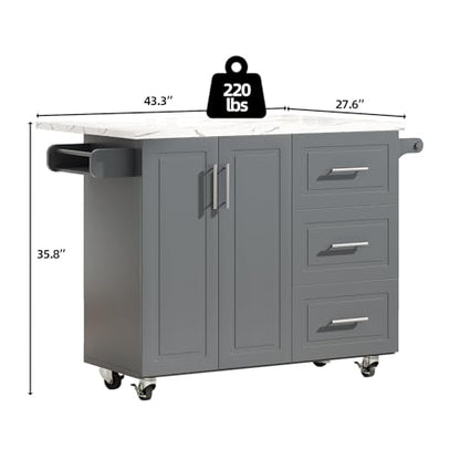 4 EVER WINNER 43" Kitchen Island with Drop Leaf, Rolling Kitchen Island | Modern Design, 4 Wheels, 3 Storage Drawers, Adjustable Shelf, Spice Rack & Towel Rack, Faux Marble Tabletop, Grey - style: Gray