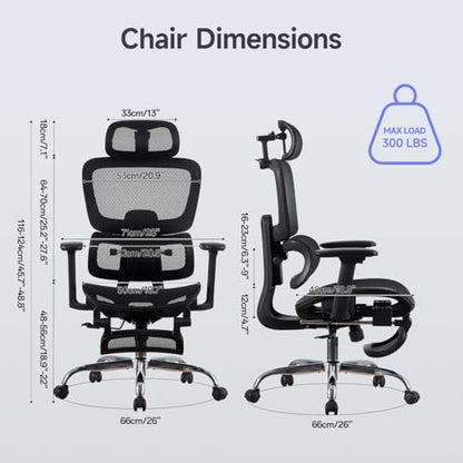 Office Chair with Footrest, Ergonomic Chair with 3D Headrest, Computer Chair with Adjustable Backrest & 3D Armrest, Gaming Chair with Adaptive Lumbar Support, Mesh Backrest & Cushion, Black - color: Black, style: Lite