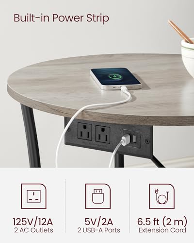 VASAGLE 21.7-Inch Round Side Table, 2-Tier End Table | Nightstand with Steel Frame, Spacious Top, for Small Spaces, Living Room, Bedroom, Heather Greige and Ink Black ULET077L01 - color: Heather Greige + Ink Black, style: With Power Strip