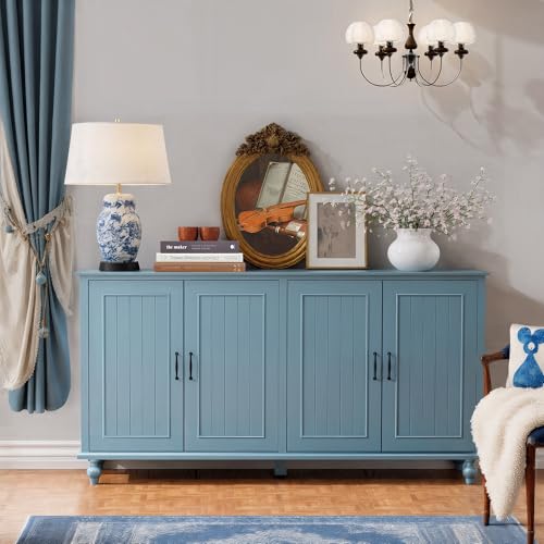 Sideboard Buffet Cabinet with 4 Doors, Vintage Coffee Bar Station, Blue | Farmhouse Storage Cabinet for Dining Room and Kitchen, 62'' Large TV Stand with Adjustable Shelf, Heavy Duty, Painted Finish - color: Aqua Blue, size: 4 Doors