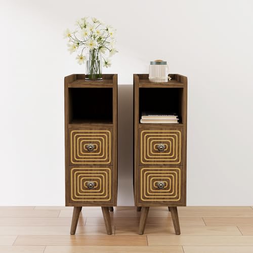 Nightstands Set of 2,Night Stand Bed Side Table with Storage Space,Wooden Bedside Table with Open Shelf,2 Drawers,End Table with Solid Wood Feet for Bedroom,College Dorm,Entryway (Walnut) - color: Walnut