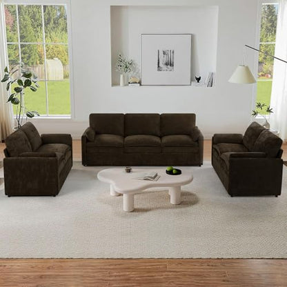 3 Pieces Chenille Sofa Set w/Two Arm Pillows, Brown | Upholstered 2 Pieces Loveseat & 3-Seater Sofa w/Soft Cushions, Modern 2-Seat & 3-Seat w/High-Density Foam for Living Room - color: Brown, size: 69" & 69" & 89" Sofa Set