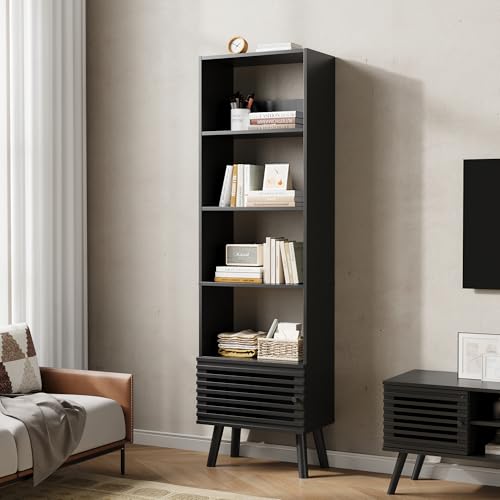 Furnify 5-Tier Tall Bookcase with Open Shelf and Slatted Door, Black | 68" Tall Freestanding Bookshelf, Display Cabinet Rack with 5 Cubes, Narrow Corner Bookcase for Living Room Home Office - color: Black, size: 67"H