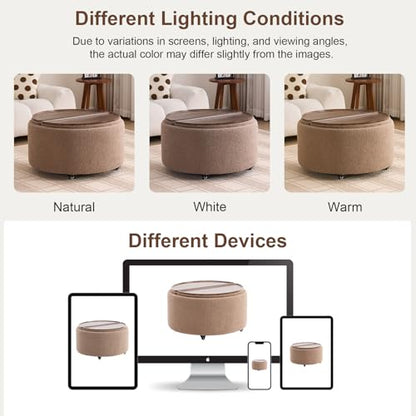 29.5" Round Storage Ottoman Coffee Table, Dual Reversible Lids, Brown | Round Ottoman Coffee Table, Swivel Casters, Hidden Storage, Dual Lift-Off Lids, Teddy Fabric, Living Room, Bedroom - color: Brown