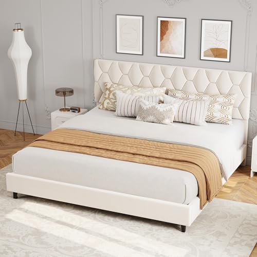 GAOMON King Bed Frame with Upholstered Headboard, Heavy-Duty Platform Bed Frame with Strong Wood Slats, No Box Spring Needed/Noise Free/Easy Assembly, Ivory White | Heavy-Duty Bed Frame with Wooden Slats Support Upholstered Mattress Foundation No Box Spri