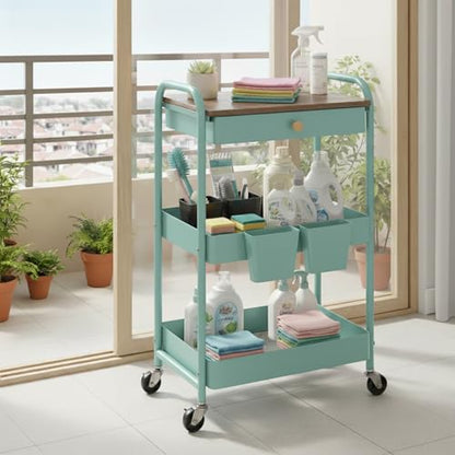 3 Tier Rolling Cart, All-in-One Art Cart Organizer on Wheels for Kitchen, Bathroom, Office, Laundry - color: Green