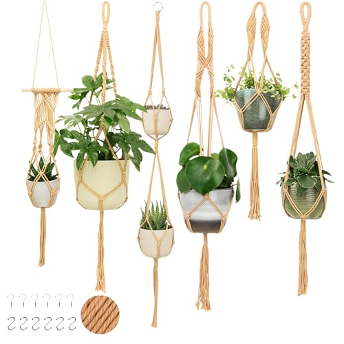 6-Pack Macrame Plant Hangers with 12 Hooks - Hanging Planters for Indoor Plants, Boho Macrame Hangers Indoor Outdoor, Decorative Plant Hanger Indoor (Caramel) - color: 6-pack Caramel