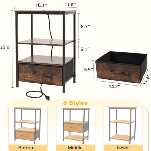 Night Stand with Charging Station, Bedside Table with Adjustable Fabric Drawers, End Table with LED Lights, Side Table with USB Ports Open Shelf for Bedroom, Brown - color: Brown