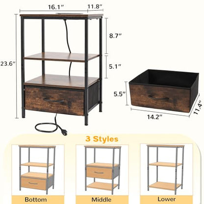 Night Stand with Charging Station, Bedside Table with Adjustable Fabric Drawers, End Table with LED Lights, Side Table with USB Ports Open Shelf for Bedroom, Brown - color: Brown