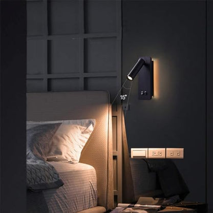 LED wall lamp and reading light two-in-one multifunctional wall sconces. LED Wall Lamp Plug in for Bedroom Bedside Wall Sconces Set of Two Black Reading Light 3W+6W Night Light 3000K(BLACK) - color: Black, size: 2 Pack