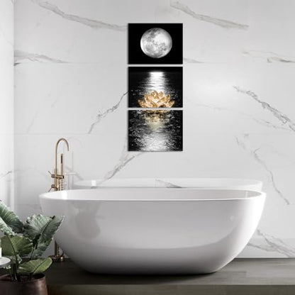 Artmyharbor 3 Pieces Vertical Black White Full Moon Wall Art | 12x16 Inches, Golden Lotus Moon Phase Landscape Print, Bedroom Office Apartment Decor
