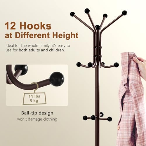 Hoctieon Coat Rack Freestanding, Coat Tree with Umbrella Holder | Metal Coat Rack Stand with 12 Hooks, Standing Coat Hanger Stand, Umbrella Stand for Entryway, Hat Rack Stand for Home Office - color: Brown