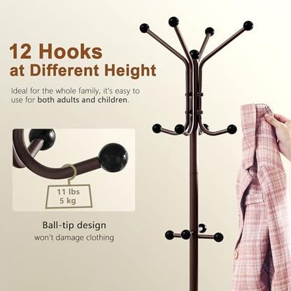 Hoctieon Coat Rack Freestanding, Coat Tree with Umbrella Holder | Metal Coat Rack Stand with 12 Hooks, Standing Coat Hanger Stand, Umbrella Stand for Entryway, Hat Rack Stand for Home Office - color: Brown