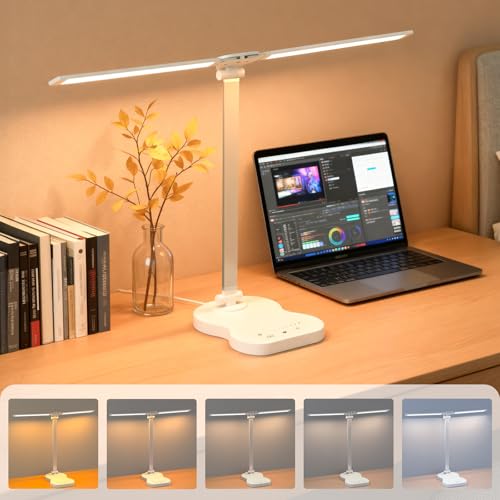 Desk Lamps for Home Office, LED Desk Light, White | 5 Color Modes, 10 Brightness, with USB Charging Port, Dual Swing Arm Dimmable Desk Lamps for Home Office Nail Dorm - color: White