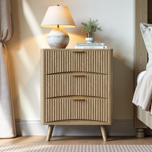 Evermagin 29" Tall Fluted Nightstand Set of 2 with 3 Drawers | Oak Night Stand,Wooden Bedside Table, Mid Century Modern Side Table for Bedroom, livingroom - color: Oak, size: 13.78"D x 23.62"W x 29.35"H (3 Drawers)