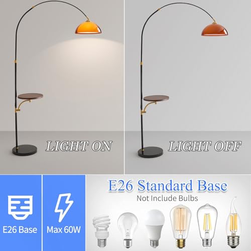 Arc Floor Lamp with Wood Tray,Over Couch Lamp,2-Tier Arcylic Shade | Adjustable Lighting Direction,Mid Century Modern Style,Stable Metal Base,Handy Storage,for Living Room Bedroom Office - color: Desk