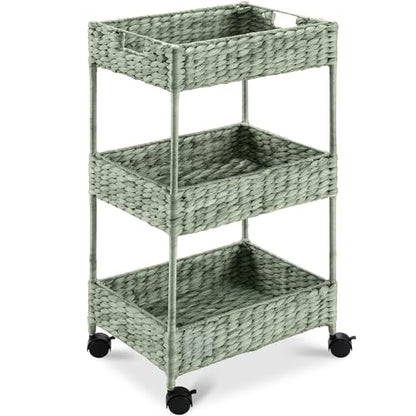 Best Choice Products 3-Tier Water Hyacinth Rolling Nursery Caddy w/Wheels, Utility Cart, Storage Organization for Bathroom, Craft Room, Laundry Room - Sage - color: Sage