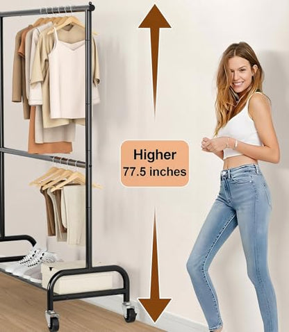MISSLO Heavy Duty Clothing Racks for Hanging Clothes Rack Double Rod Garment Rack Rolling Closet Wardrobe Rack on Wheels, Metal, Adjustable, Black - color: Black