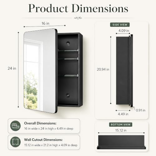 16x24 Black Medicine Cabinet with Mirror, Recessed & Surface Mount | Bathroom mirror with storage: 6 adjustable shelves fit tall bottles; DTC soft-close hinges; rust-resistant aluminum - size: 16" x 24"