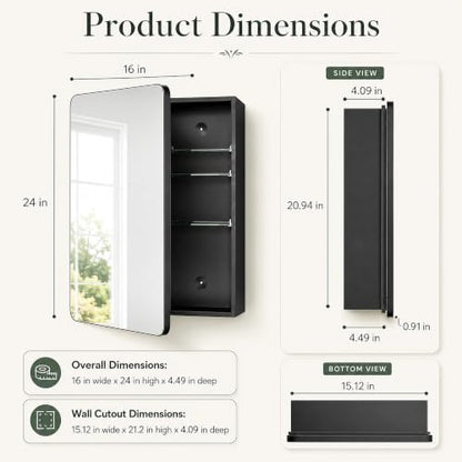 16x24 Black Medicine Cabinet with Mirror, Recessed & Surface Mount | Bathroom mirror with storage: 6 adjustable shelves fit tall bottles; DTC soft-close hinges; rust-resistant aluminum - size: 16" x 24"