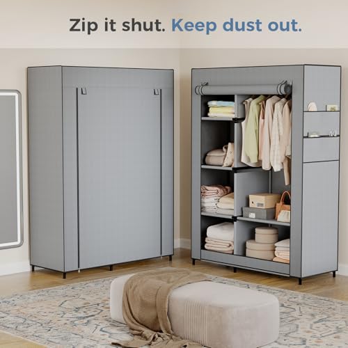 DUMOS Portable Wardrobe Closet with Cover, Freestanding Portable Garment Rack, Portable Closet Wardrobe for Clothes Storage, Clothes Organizer for Bedroom, Dorm, Apartment, Gray.