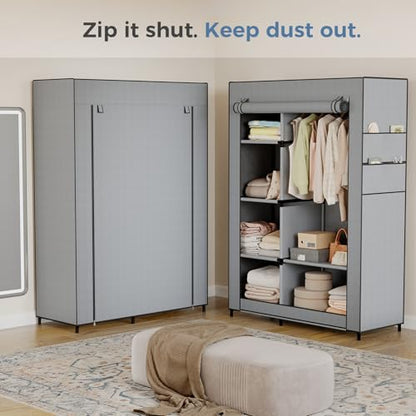 DUMOS Portable Wardrobe Closet with Cover, Freestanding Portable Garment Rack, Portable Closet Wardrobe for Clothes Storage, Clothes Organizer for Bedroom, Dorm, Apartment, Gray.