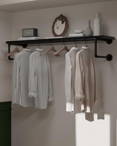 Clothes Rack 48in, Wall Mounted Garment Racks with Real Black Wood Shelf, Heavy Duty Hanging Clothes Rack, Multi-Purpose Hanging Rod, Space-Saving Closet Storage - color: Black, size: 1T48IN