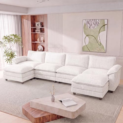 Homall 158.6" U-Shaped Cloud Couch, Modular Sectional Sofa for Living Room | Soft Chenille, 2 Movable Ottoman, Double Layer Cushion, 4 Seat, Sturdy Frame, High-Density Foam, Easy Assembly, White - color: White, size: U Shaped Sofa