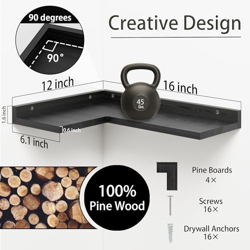 4 Tier Floating Corner Shelves Black Set of 4, Rustic Pine Wooden Floating Corner Wall Shelf for Wall Décor Storage, L Shaped Corner Shelf Wall Mount For Bedroom, Living Room, Bathroom, Kitchen. - color: Black Floating Corner Shelves