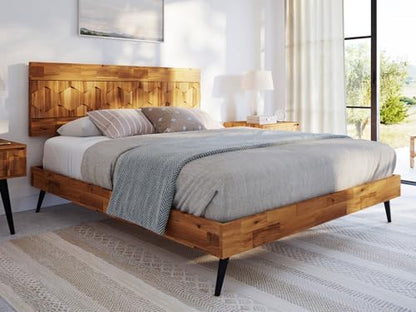 Bme Georgina Queen Bedframe, Geometric Headboard, Mid Century, Teak Brown - color: Teak Brown, size: Queen, style: Bed Frames