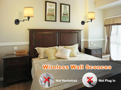GOODATE Battery Operated Wall Sconce with Remote Control, 15 Colors Dimmable Wireless Wall Sconces Set of Two, Rechargeable Cordless Wall Sconce Light, Swing Arm Wall Lamp with Linen Fabric Shade