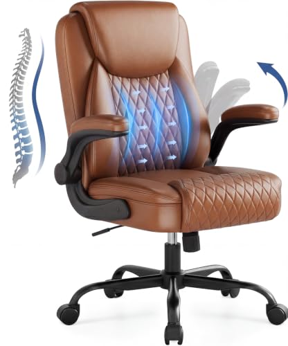 GTPOFFICE Executive Office Chair with Comfortable Lumbar Support, Ergonomic Gaming Chair with Flip-up Armrests & Zoned Pressure-Relief Cushion, Comfy PU Leather Desk Chair, Brown - color: Brown