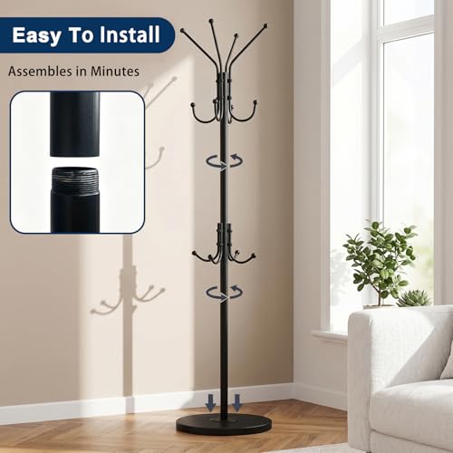 Freestanding Coat Rack with 12 Hooks,Modern Coat Stand with Wood Base for Entryway, Bedroom, Office, 3 Adjustable Height Coats Hanger Stand for Coats, Hats, Handbags and Scarves, Black