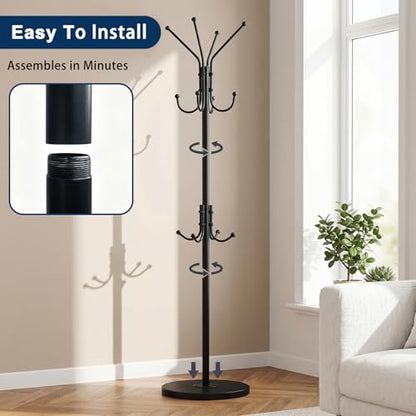 Freestanding Coat Rack with 12 Hooks,Modern Coat Stand with Wood Base for Entryway, Bedroom, Office, 3 Adjustable Height Coats Hanger Stand for Coats, Hats, Handbags and Scarves, Black