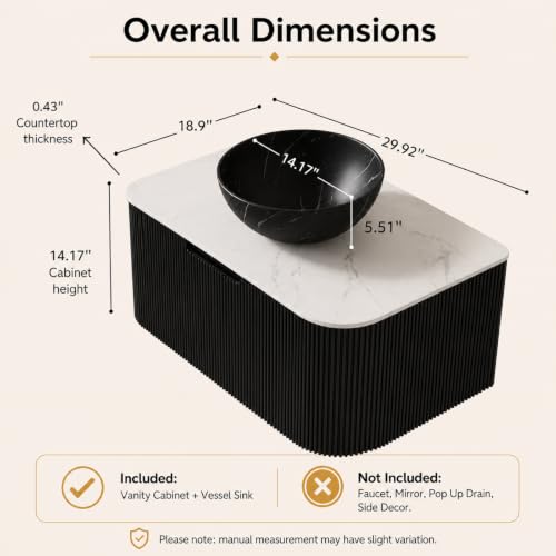 30" Floating Bathroom Vanity with Sink, Wall Mounted Plywood Cabinet, Black Fluted Front, Sintered Stone Countertop, Black Marble-Look Ceramic Bowl Vessel Sink, Soft-Close Drawer, Pre-Assembled - color: Black Cabinet / Black Marble Bowl Sink, size: 30 Inc